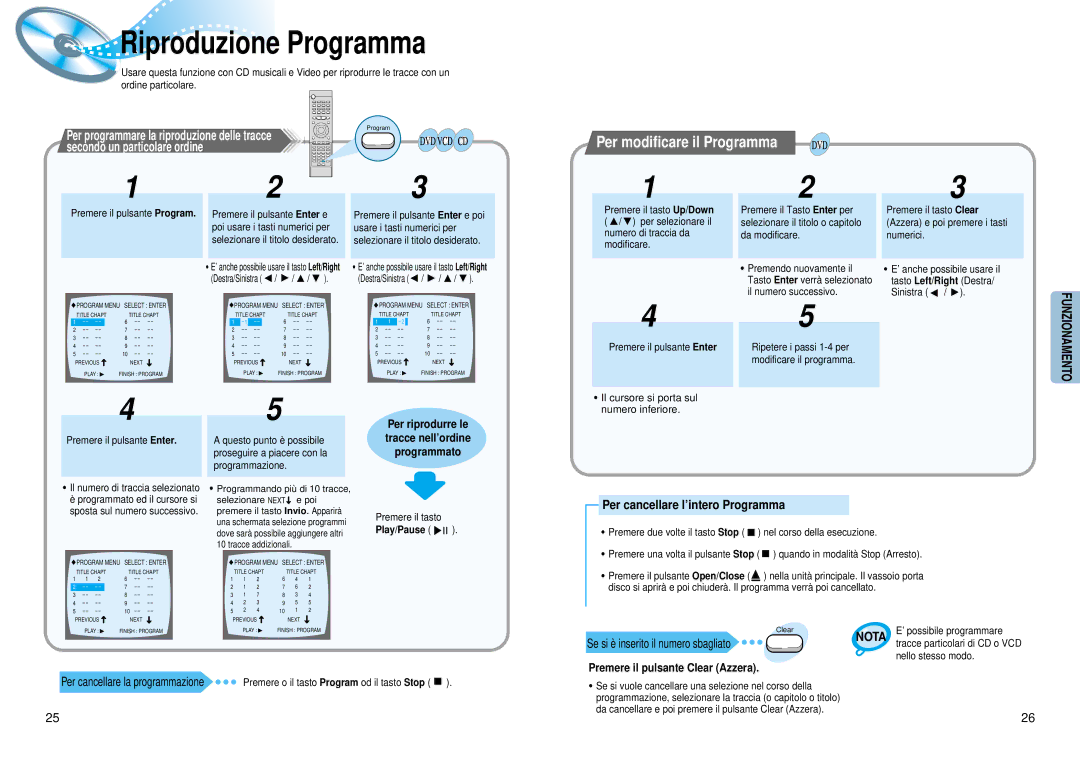 Samsung HT-DM150 manual Riproduzione Programma, Per modificare il Programma, Per cancellare l’intero Programma, Play/Pause 