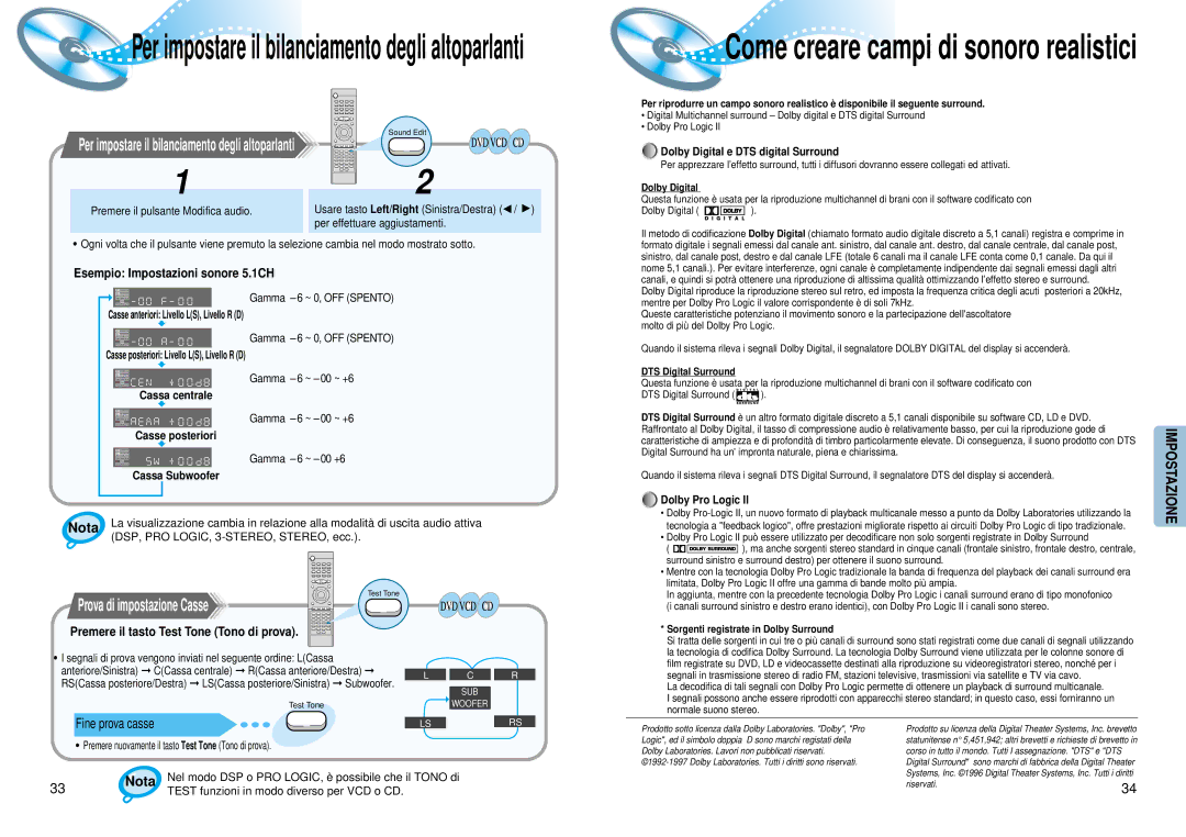 Samsung HT-DM150, HTDM150RH/EDC manual Per impostare il bilanciamento degli altoparlanti, Prova di impostazione Casse 