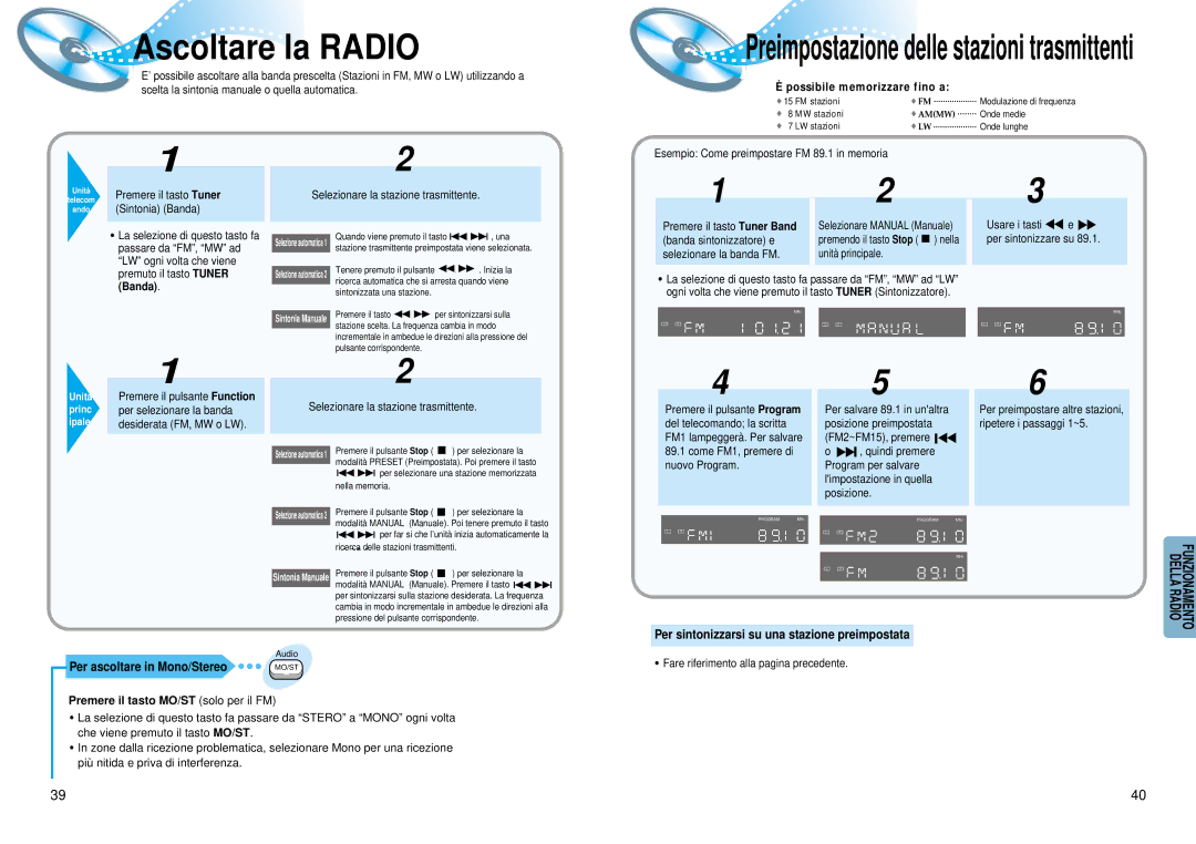 Samsung HTDM150RH/EDC Ascoltare la Radio, Per ascoltare in Mono/Stereo, Per sintonizzarsi su una stazione preimpostata 