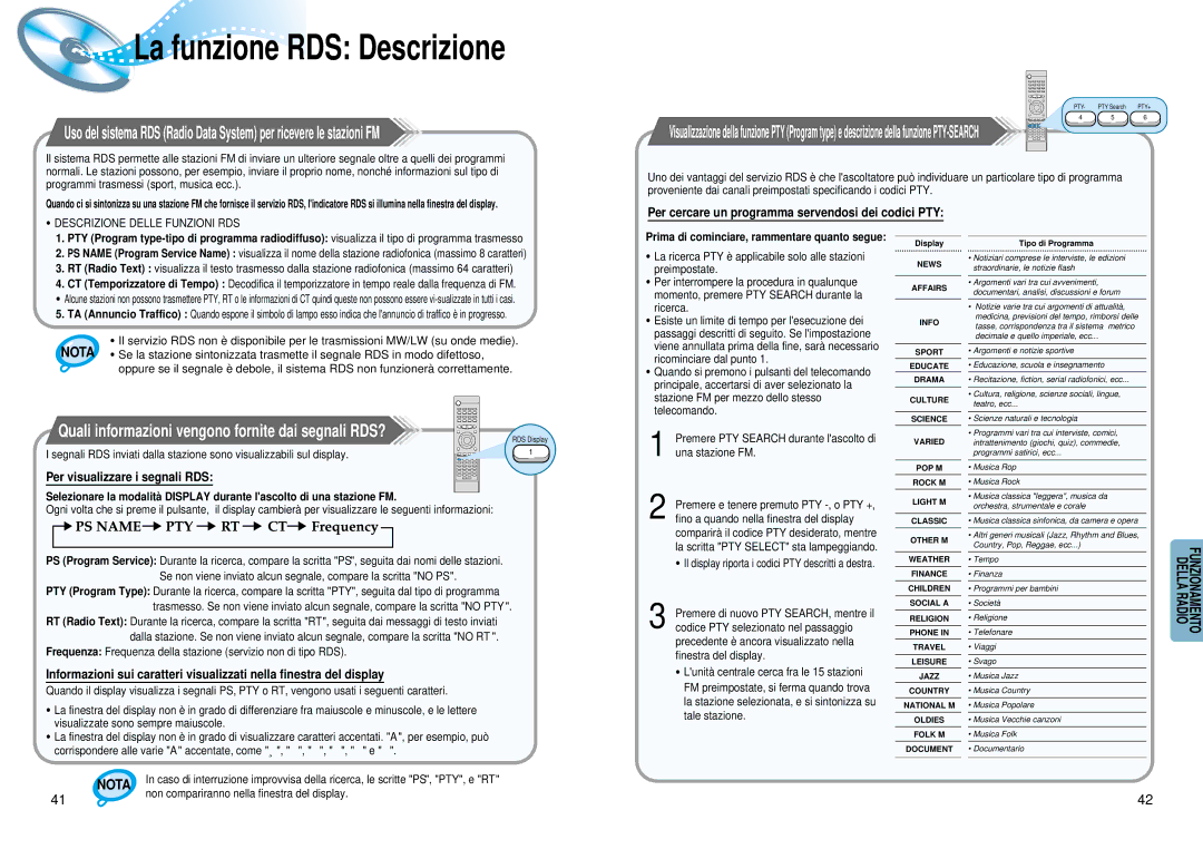 Samsung HT-DM150 Quali informazioni vengono fornite dai segnali RDS?, Per cercare un programma servendosi dei codici PTY 