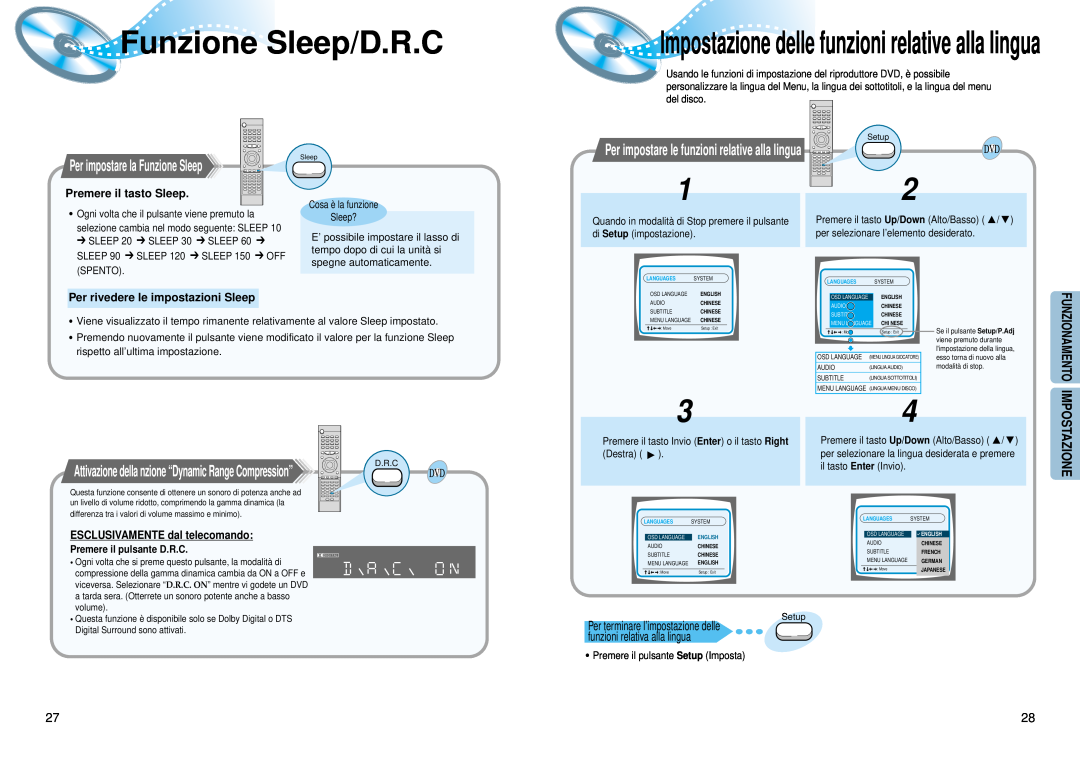 Samsung HTDM150RH/EDC manual Funzione Sleep/D.R.C, Impostazione delle funzioni relative alla lingua, Premere il tasto Sleep 