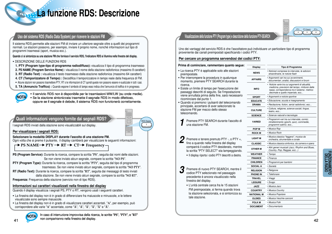 Samsung HT-DM150 Uso del sistema RDS Radio Data System per ricevere le stazioni FM, La funzione RDS Descrizione, Nota 