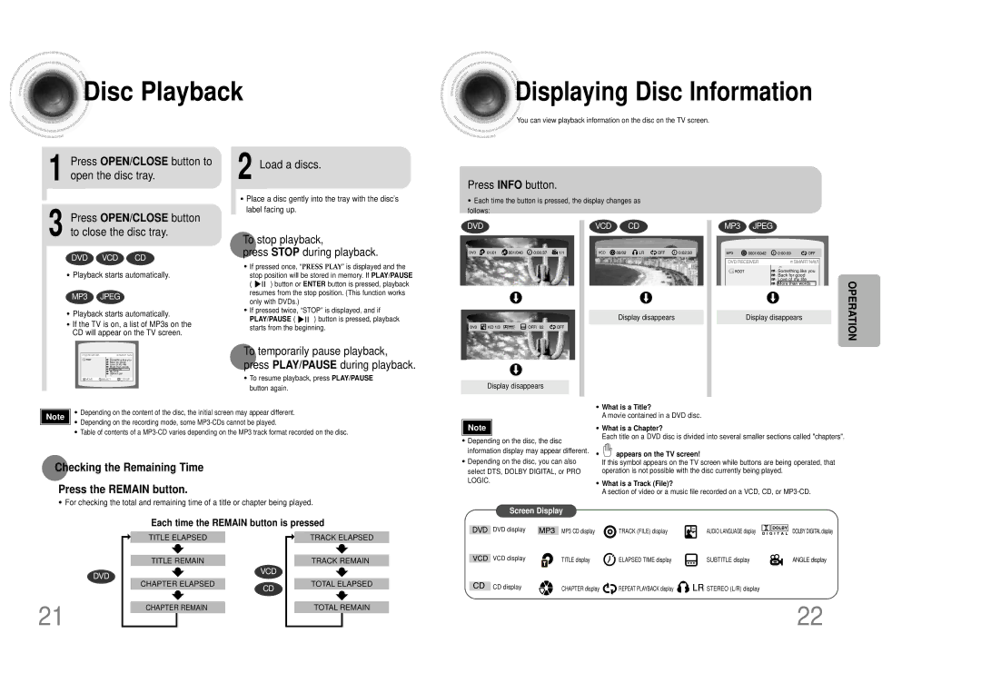 Samsung HT-DM150 manual Disc Playback, Displaying Disc Information, Checking the Remaining Time Press the Remain button 