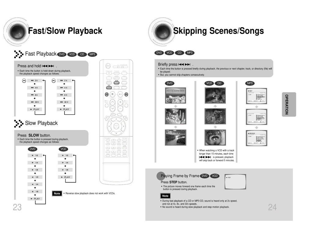 Samsung HTDM150RH/ELS, HT-DM150, HTDM150RH/EDC manual Fast/Slow Playback, Skipping Scenes/Songs 