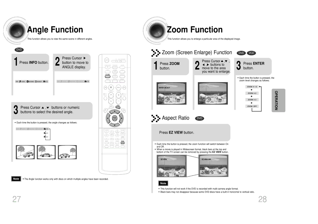 Samsung HT-DM150, HTDM150RH/ELS, HTDM150RH/EDC manual Angle Function, Zoom Function 