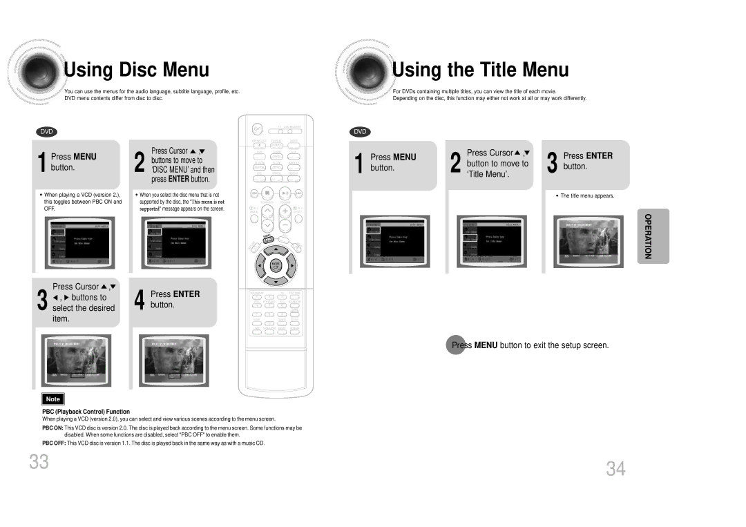 Samsung HT-DM150, HTDM150RH/ELS manual Using Disc Menu, Using the Title Menu, Press Menu button to exit the setup screen 