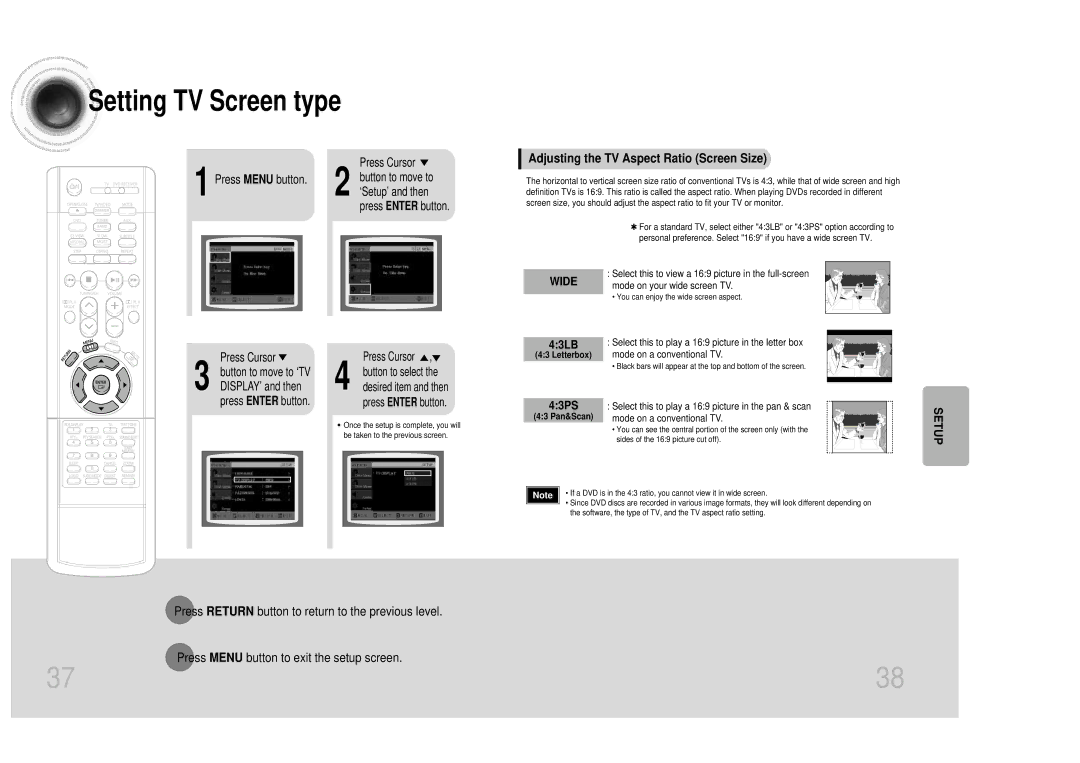 Samsung HTDM150RH/EDC, HT-DM150 manual Adjusting the TV Aspect Ratio Screen Size, 43LB, 43PS, Letterbox, 43 Pan&Scan 