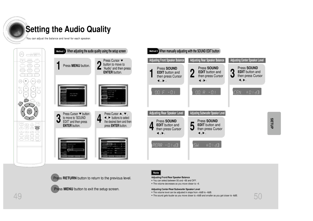 Samsung HTDM150RH/EDC, HT-DM150 Setting the Audio Quality, Method 2 When manually adjusting with the Sound Edit button 