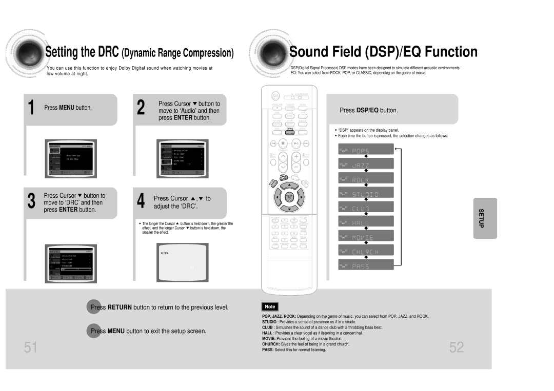 Samsung HT-DM150, HTDM150RH/ELS manual Sound Field DSP/EQ Function, Press DSP/EQ button, Press Cursor Adjust the ‘DRC’ 