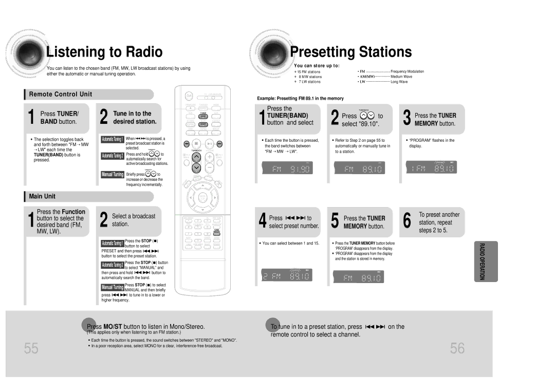 Samsung HTDM150RH/EDC Listening to Radio, Presetting Stations, Remote Control Unit Press Tuner Tune in to Band button 