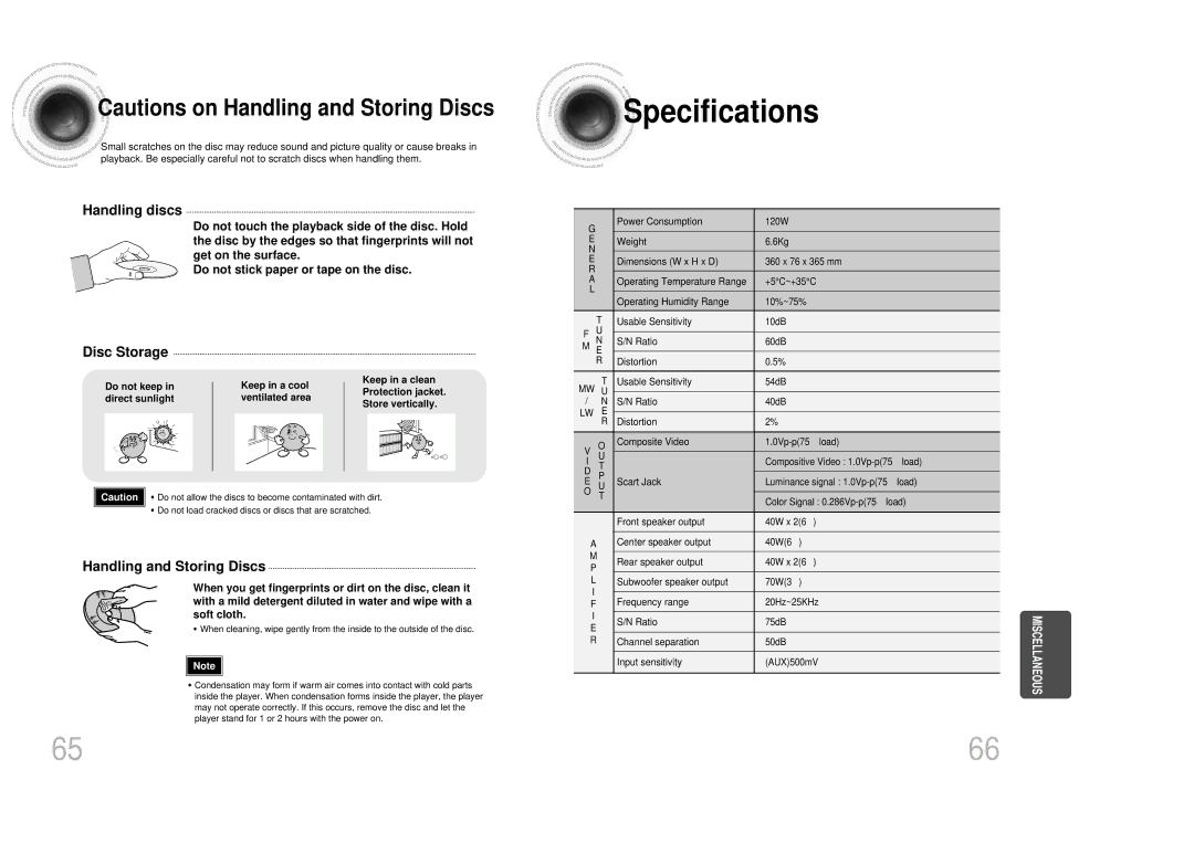 Samsung HTDM150RH/ELS, HT-DM150, HTDM150RH/EDC manual Specifications, Handling discs 