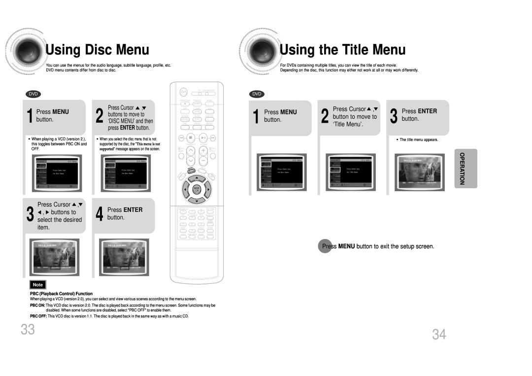 Samsung HT-DM150 manual Using Disc Menu, Using the Title Menu, Press Cursor, buttons to move to, ‘DISC MENU’ and then 