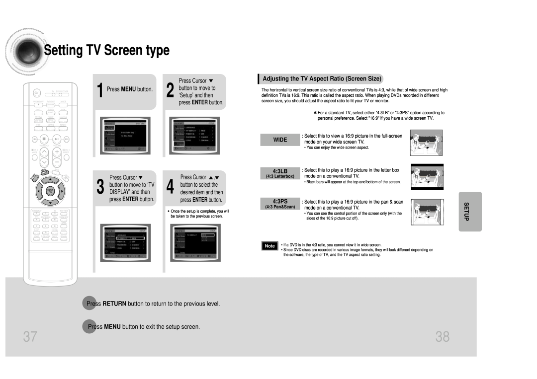 Samsung HTDM150RH/EDC, HT-DM150 Setting TV Screen type, Adjusting the TV Aspect Ratio Screen Size, WIDE 43LB, 43PS, Setup 