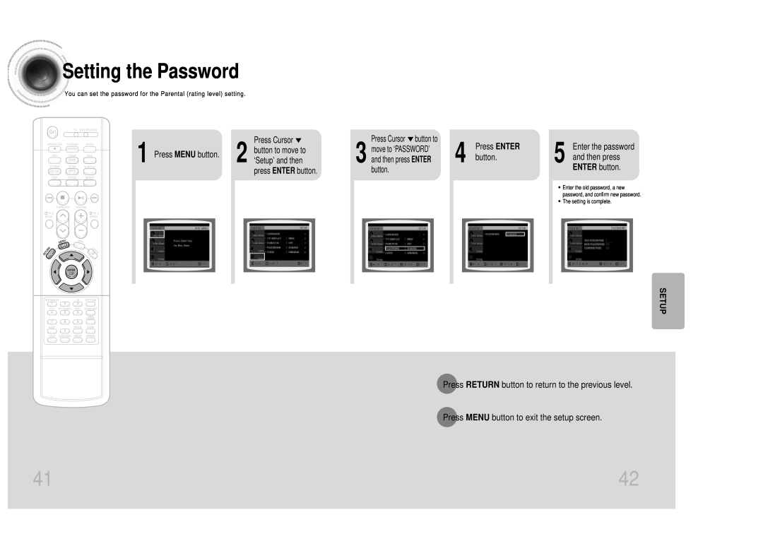 Samsung HTDM150RH/ELS manual Setting the Password, Press ENTER, and then press, ENTER button, Enter the password, Setup 