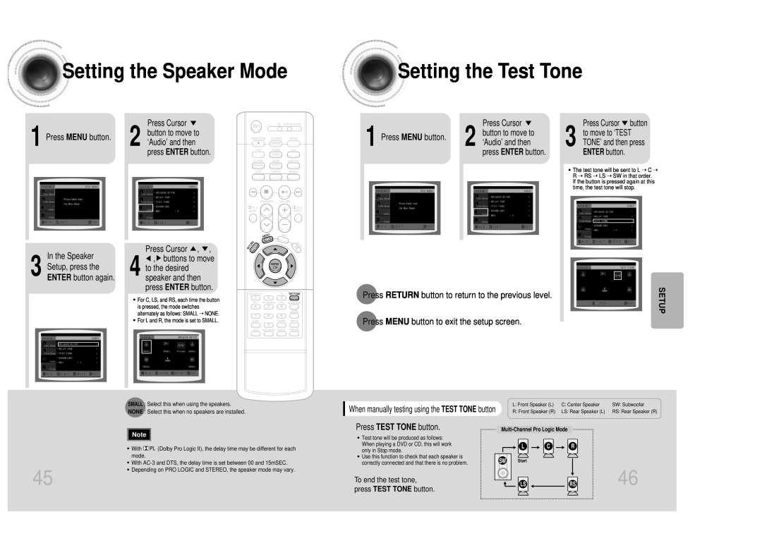 Samsung HT-DM150 Setting the Speaker Mode, Setting the Test Tone, Press MENU button, Press TEST TONE button, ENTER button 