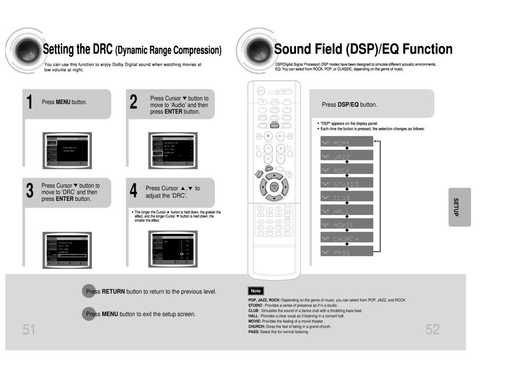 Samsung HT-DM150 manual Sound Field DSP/EQ Function, Press DSP/EQ button, adjust the ‘DRC’, Press Cursor button to, Setup 