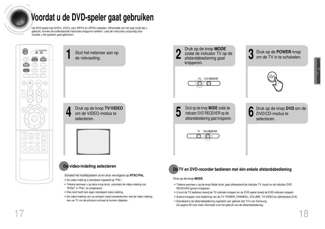 Samsung HT-DM160, HT-DM155 manual De video-indeling selecteren, Druk op de knop Mode zodat de, Indicator DVD Receiver op de 