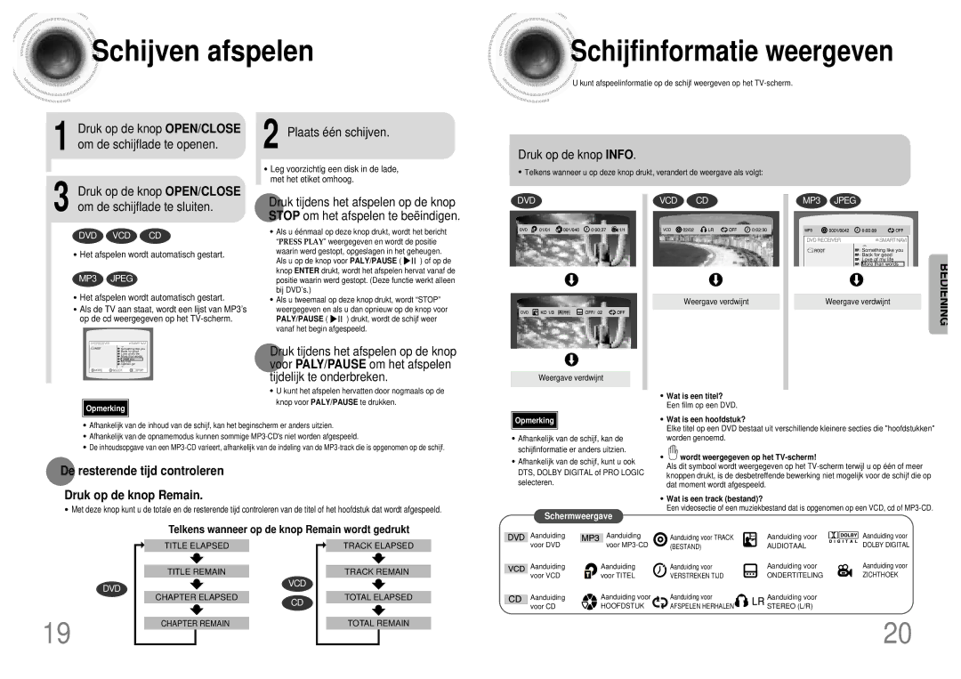 Samsung HT-DM155, HT-DM160 manual Schijven afspelen, Schijfinformatie weergeven, Druk op de knop Info 