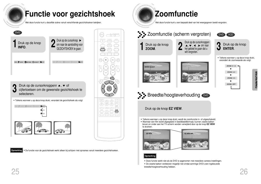 Samsung HT-DM160, HT-DM155 manual Functie voor gezichtshoek, Zoomfunctie, Druk op de knop EZ View 