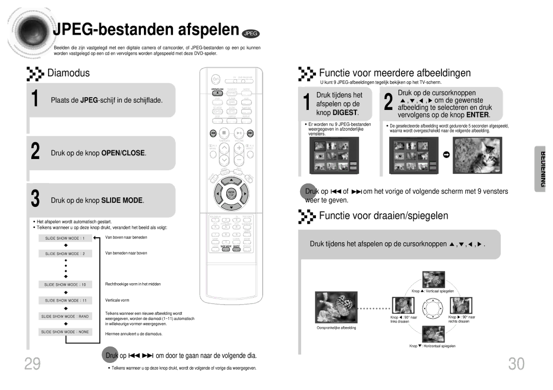 Samsung HT-DM160 JPEG-bestanden afspelen Jpeg, Druk op de knop Slide Mode, Druk tijdens het afspelen op de cursorknoppen 