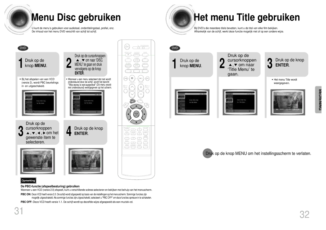 Samsung HT-DM155, HT-DM160 manual Menu Disc gebruiken, Het menu Title gebruiken, Druk op de knop Menu 