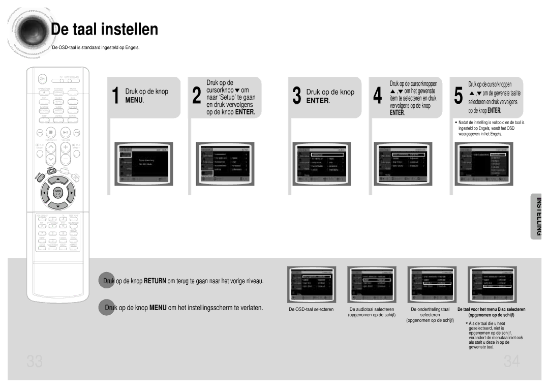 Samsung HT-DM160 De taal instellen, Druk op de knop Menu om het instellingsscherm te verlaten, De OSD-taal selecteren 