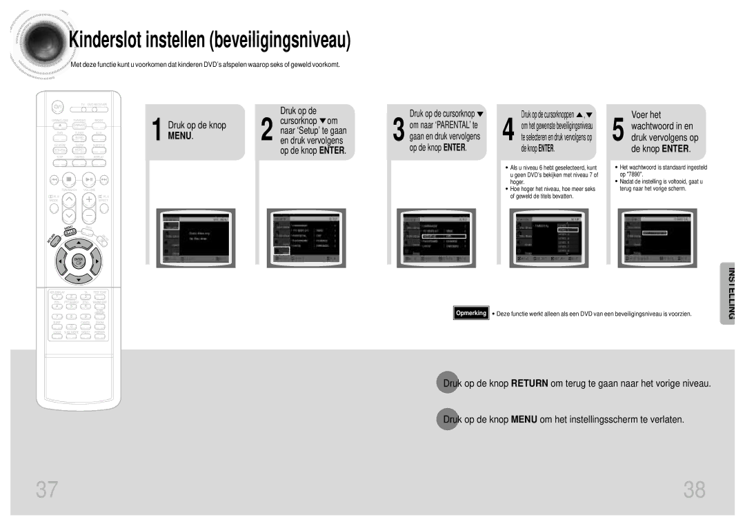 Samsung HT-DM160 manual Kinderslot instellen beveiligingsniveau, Voer het Wachtwoord in en druk vervolgens op de knop Enter 