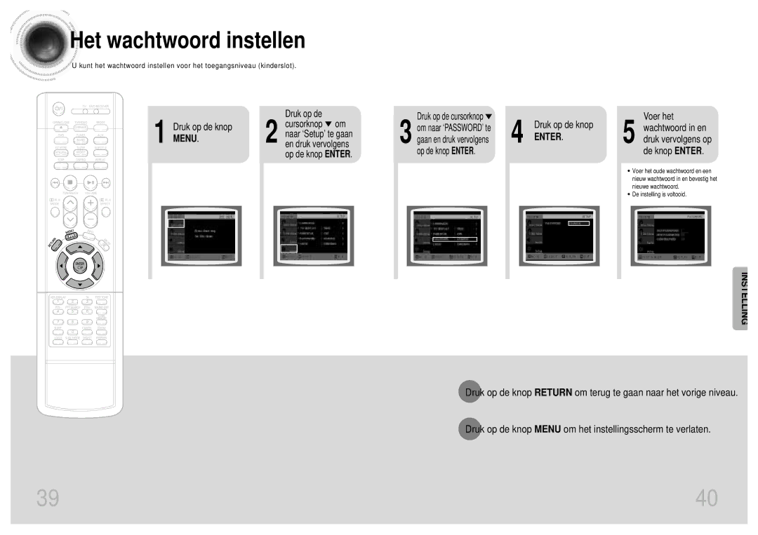 Samsung HT-DM155, HT-DM160 manual Het wachtwoord instellen, Enter 