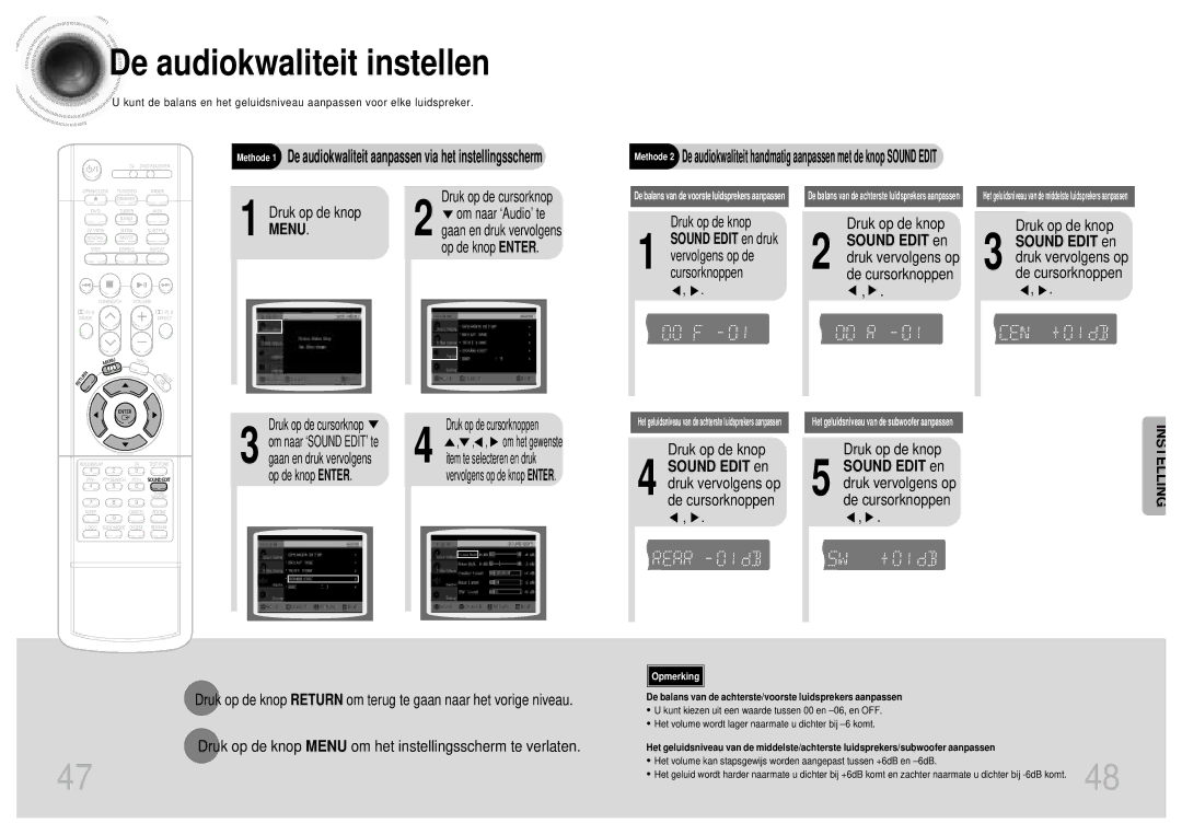 Samsung HT-DM155, HT-DM160 manual De audiokwaliteit instellen, Sound Edit en druk vervolgens op de cursorknoppen 