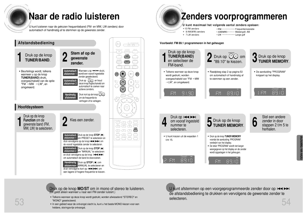 Samsung HT-DM160, HT-DM155 manual Naar de radio luisteren, Zenders voorprogrammeren 