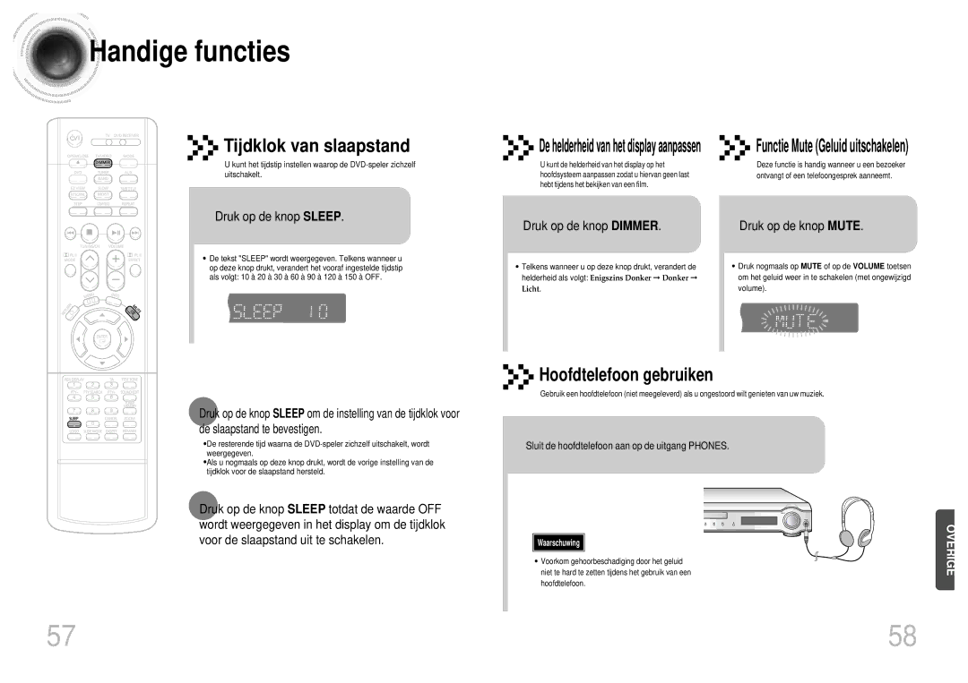 Samsung HT-DM160, HT-DM155 manual Handige functies, Druk op de knop Sleep, Druk op de knop Dimmer, Druk op de knop Mute 