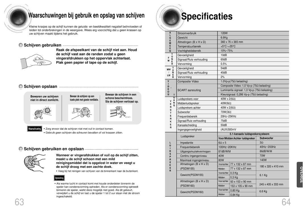 Samsung HT-DM155 manual Specificaties, Bewaren uw schijven, Niet in direct zonlicht, Kanaals luidsprekersysteem, Subwoofer 