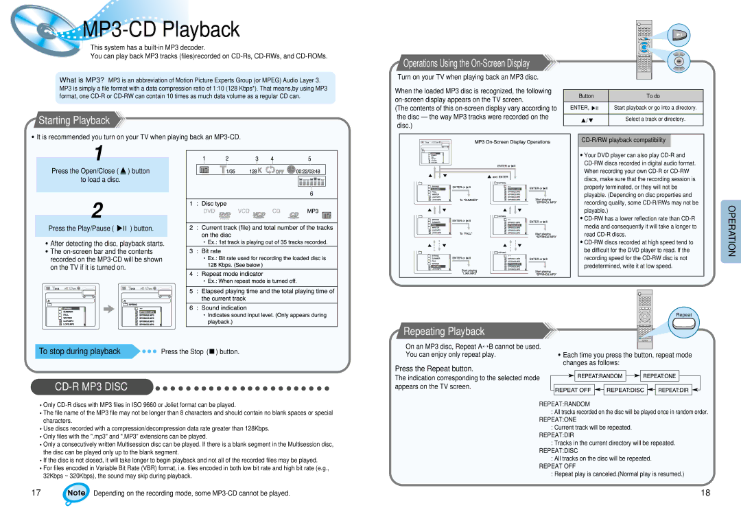 Samsung HT-DM550 MP3-CDPlayback, Starting Playback, Repeating Playback, To stop during playback, Press the Repeat button 