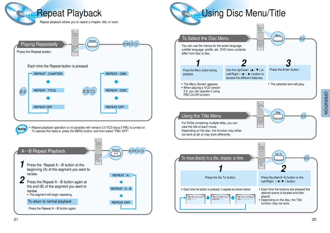 Samsung HT-DM550 instruction manual Repeat Playback, Using Disc Menu/Title 