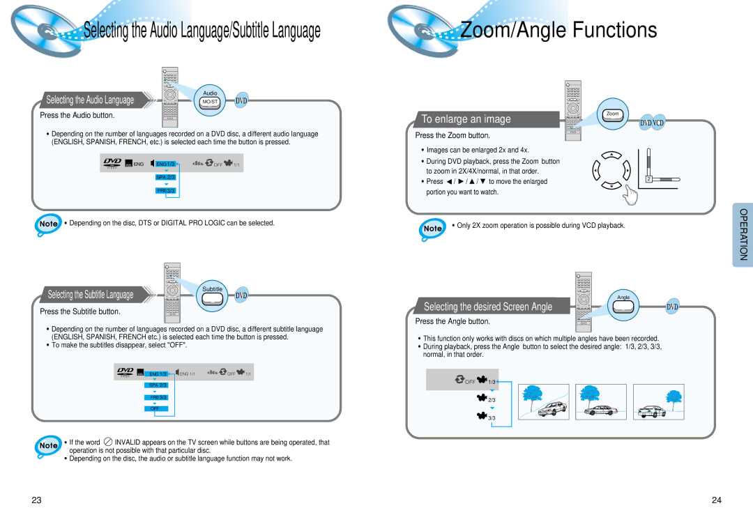 Samsung HT-DM550 instruction manual Zoom/Angle Functions, Selecting the Audio Language, To enlarge an image 