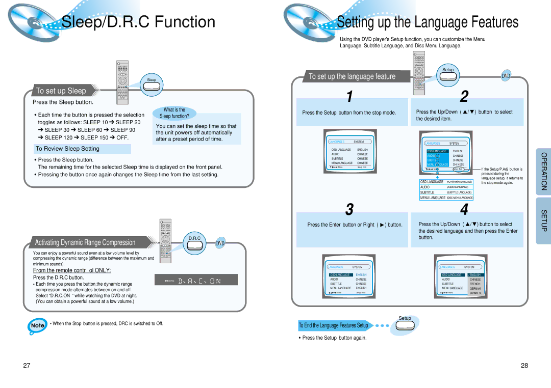 Samsung HT-DM550 instruction manual Sleep/D.R.C Function, To set up Sleep, Activating Dynamic Range Compression 