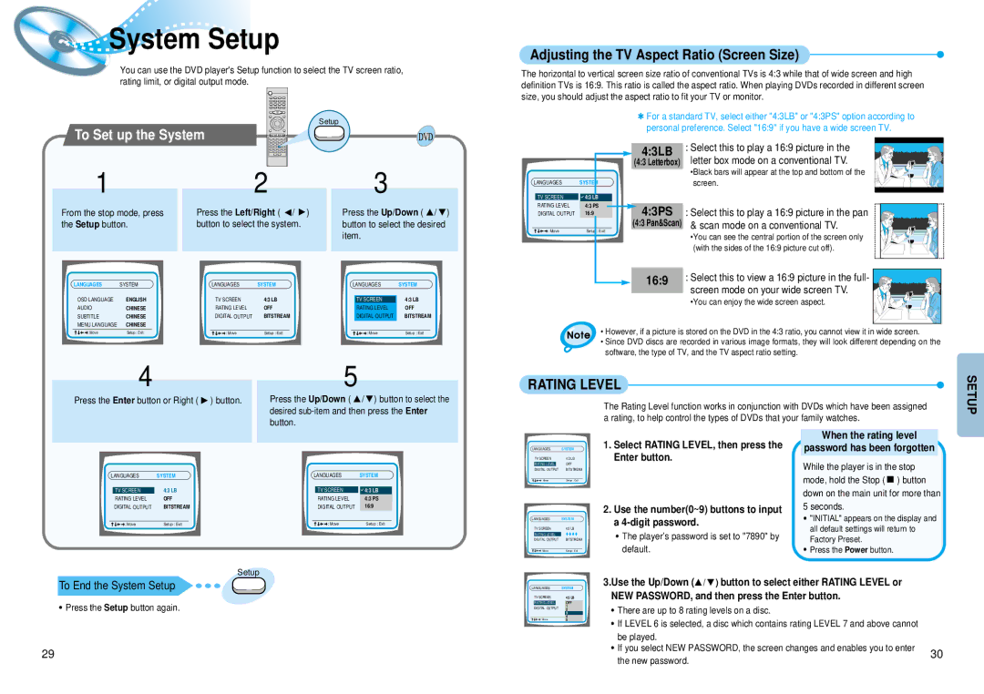 Samsung HT-DM550 System Setup, To Set up the System, 43LB, When the rating level Password has been forgotten 