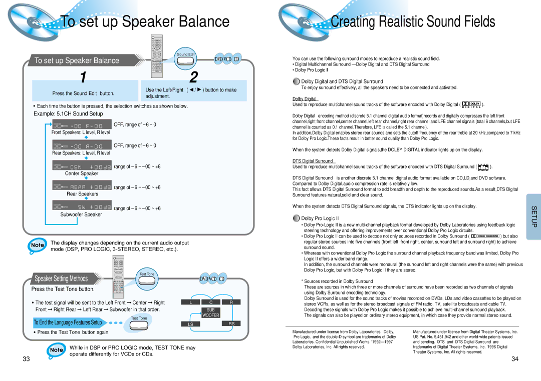 Samsung HT-DM550 To set up Speaker Balance, Speaker Setting Methods, Example 5.1CH Sound Setup, Press the Test Tone button 