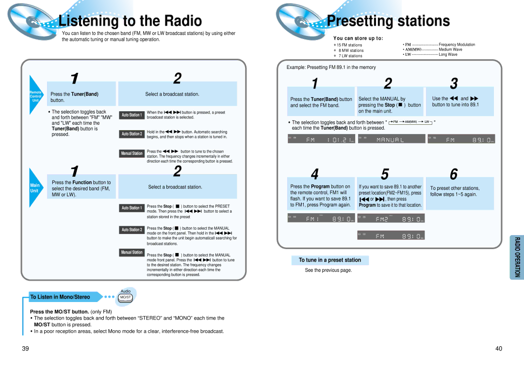 Samsung HT-DM550 Listening to the Radio, Presetting stations, To Listen in Mono/Stereo, To tune in a preset station 