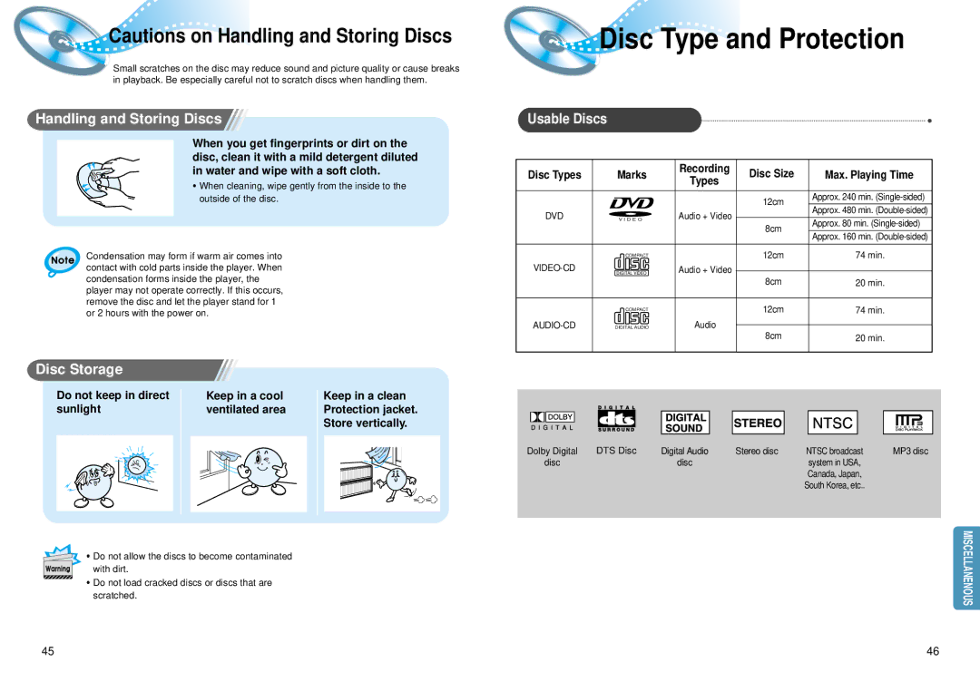 Samsung HT-DM550 Disc Type and Protection, Handling and Storing Discs, Usable Discs, Disc Storage, Disc Size 