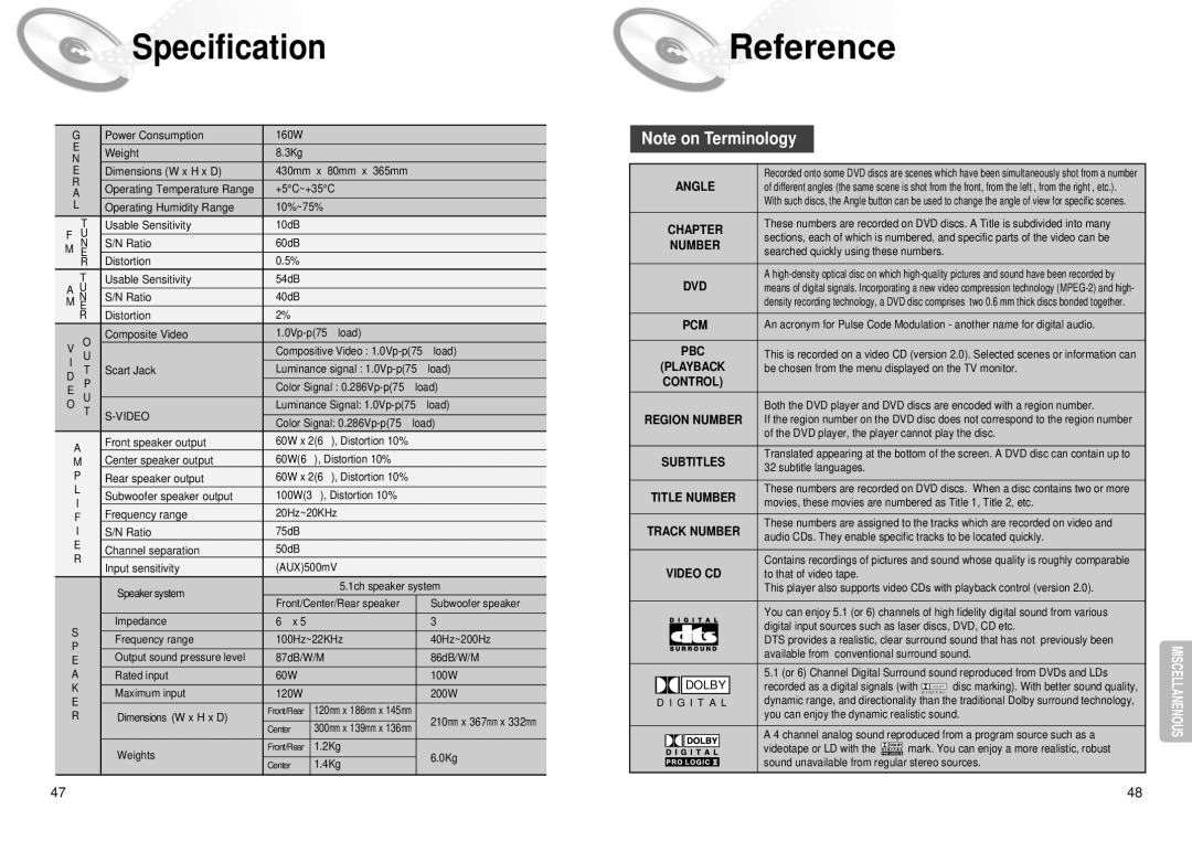 Samsung HT-DM550 instruction manual Specification, Reference 