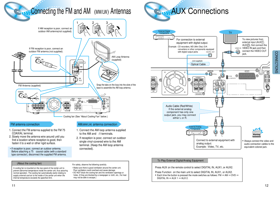 Samsung HT-DM550 instruction manual AUX Connections, FM antenna connection, AMMW/LW antenna connection, Coaxial terminal 