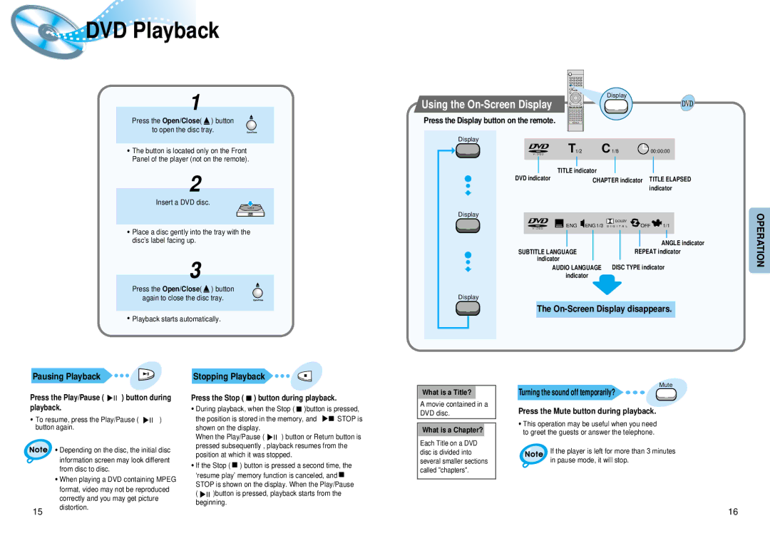 Samsung HT-DM550 DVD Playback, Using the On-Screen Display, On-Screen Display disappears Pausing Playback 