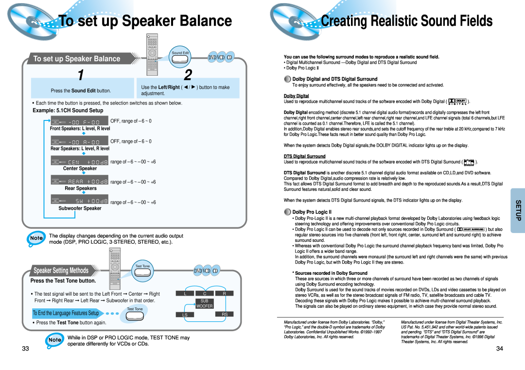 Samsung HT-DM550 To set up Speaker Balance, Creating Realistic Sound Fields, Speaker Setting Methods, Subwoofer Speaker 