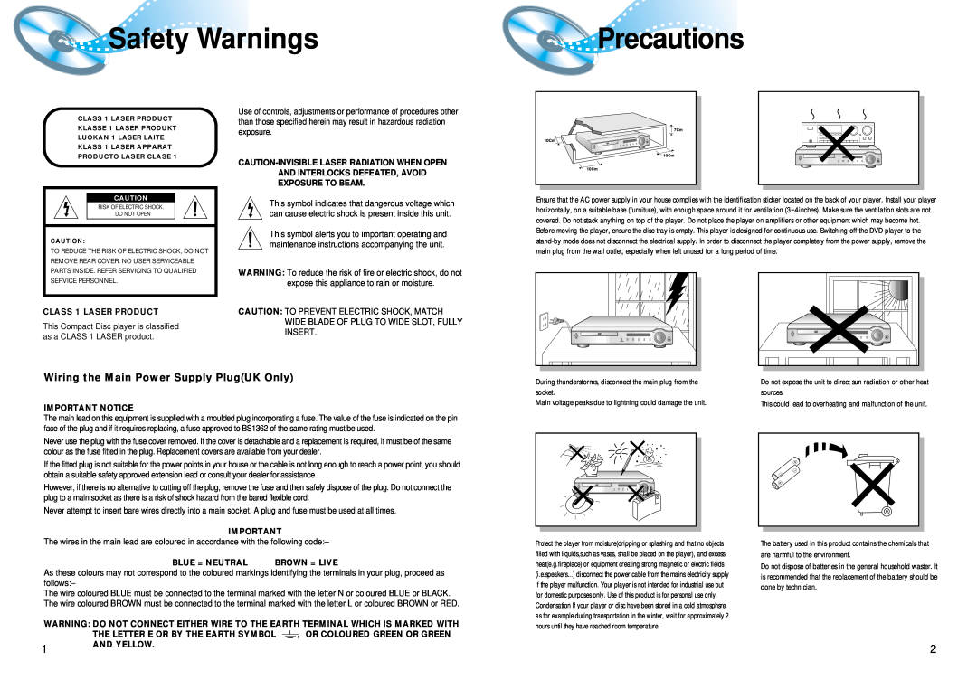 Samsung HT-DM550 Safety Warnings, Precautions, Wiring the Main Power Supply PlugUK Only, CLASS 1 LASER PRODUCT 
