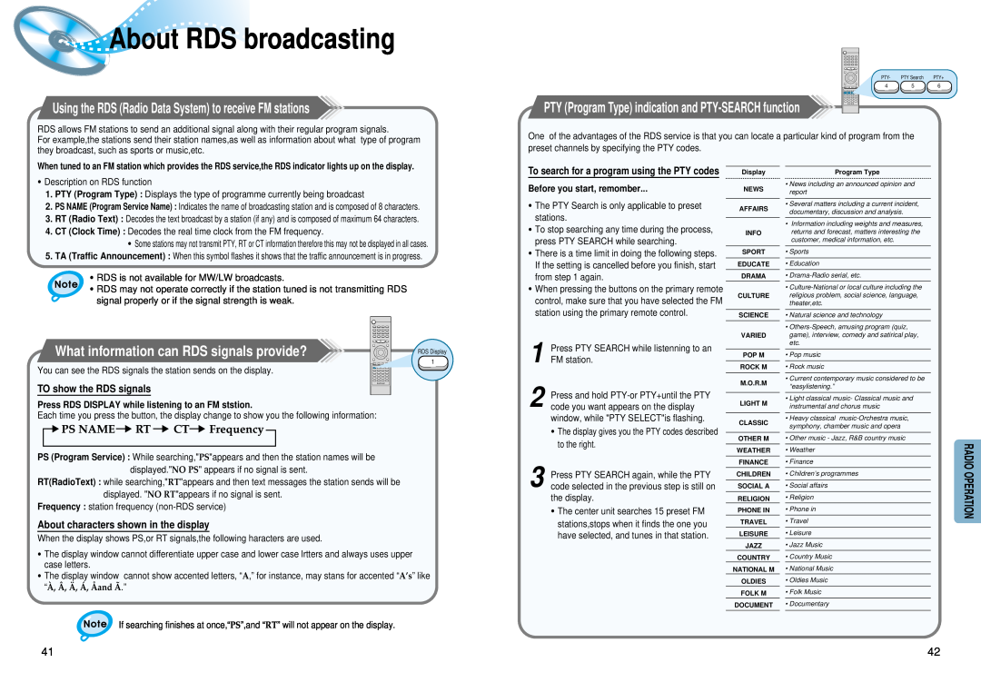 Samsung HT-DM550 About RDS broadcasting, What information can RDS signals provide?, TO show the RDS signals 
