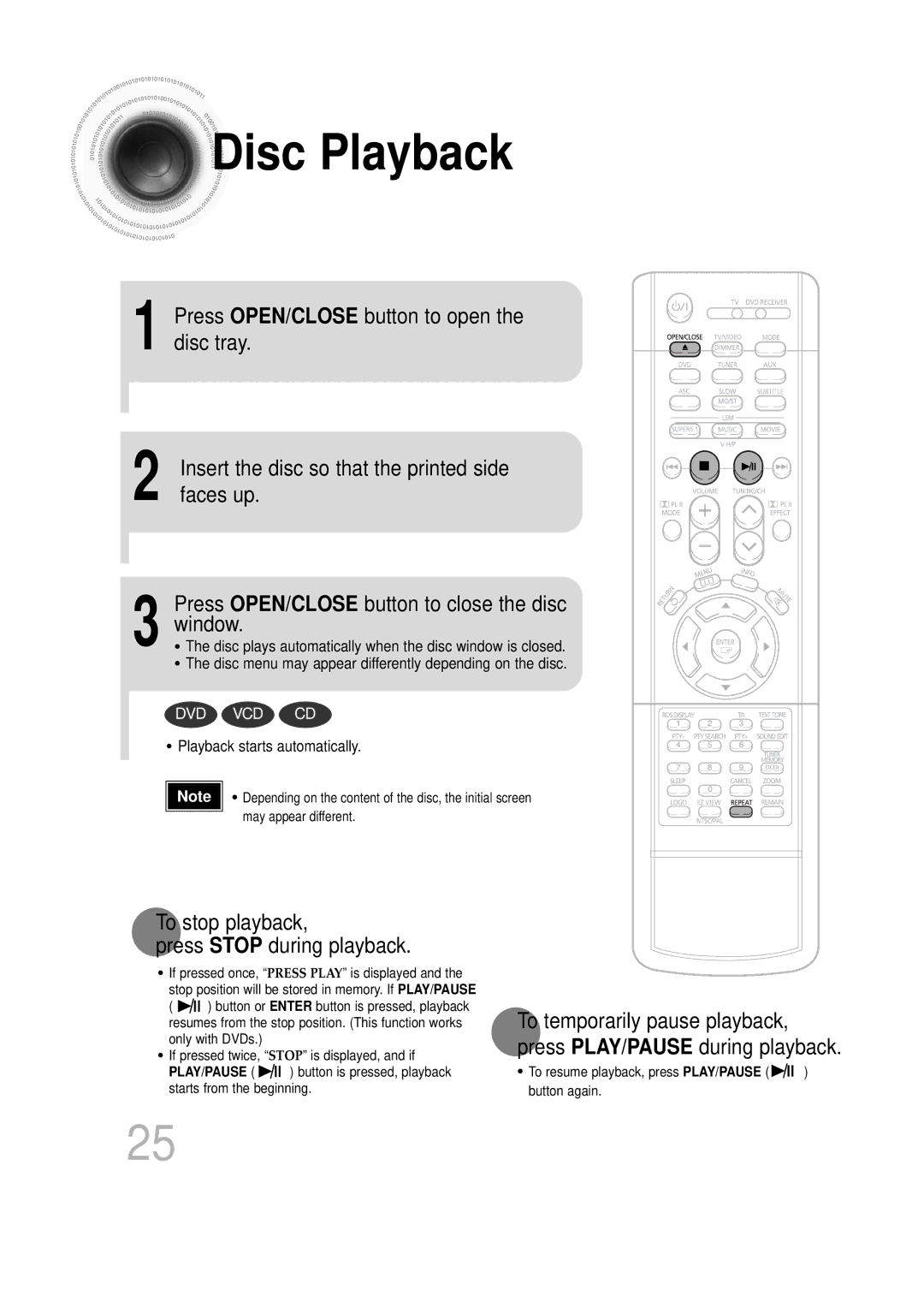 Samsung HTDS100RH/XFO, HT-DS100N/EDC, HTDS1000TH/XAA manual Disc Playback, To stop playback Press Stop during playback 