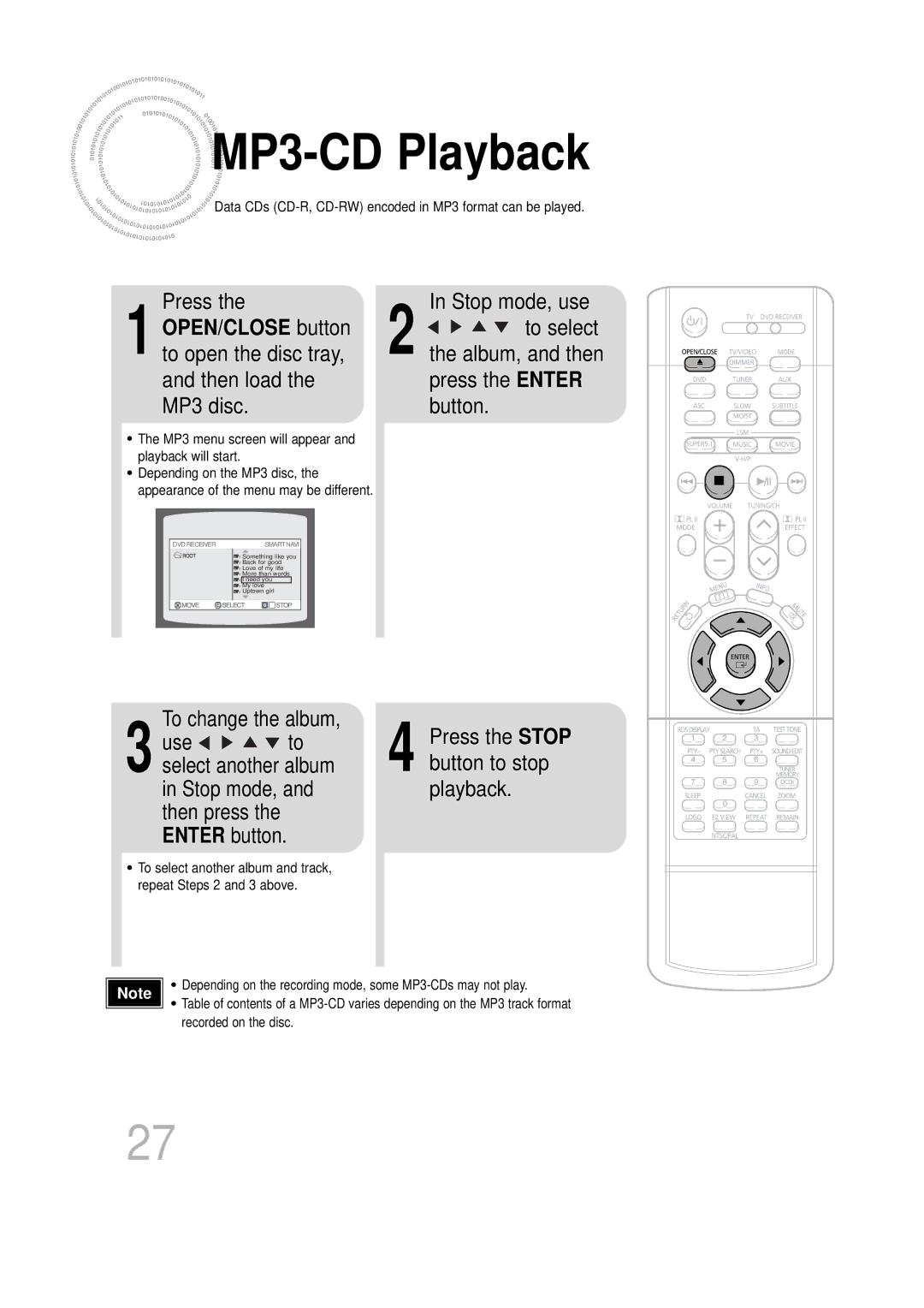 Samsung HT-DS100N/EDC, HTDS1000TH/XAA, HT-DS1100R/EDC, HTDS100B/EDC MP3 -CD Playback, Press, Use, Stop mode, Playback 