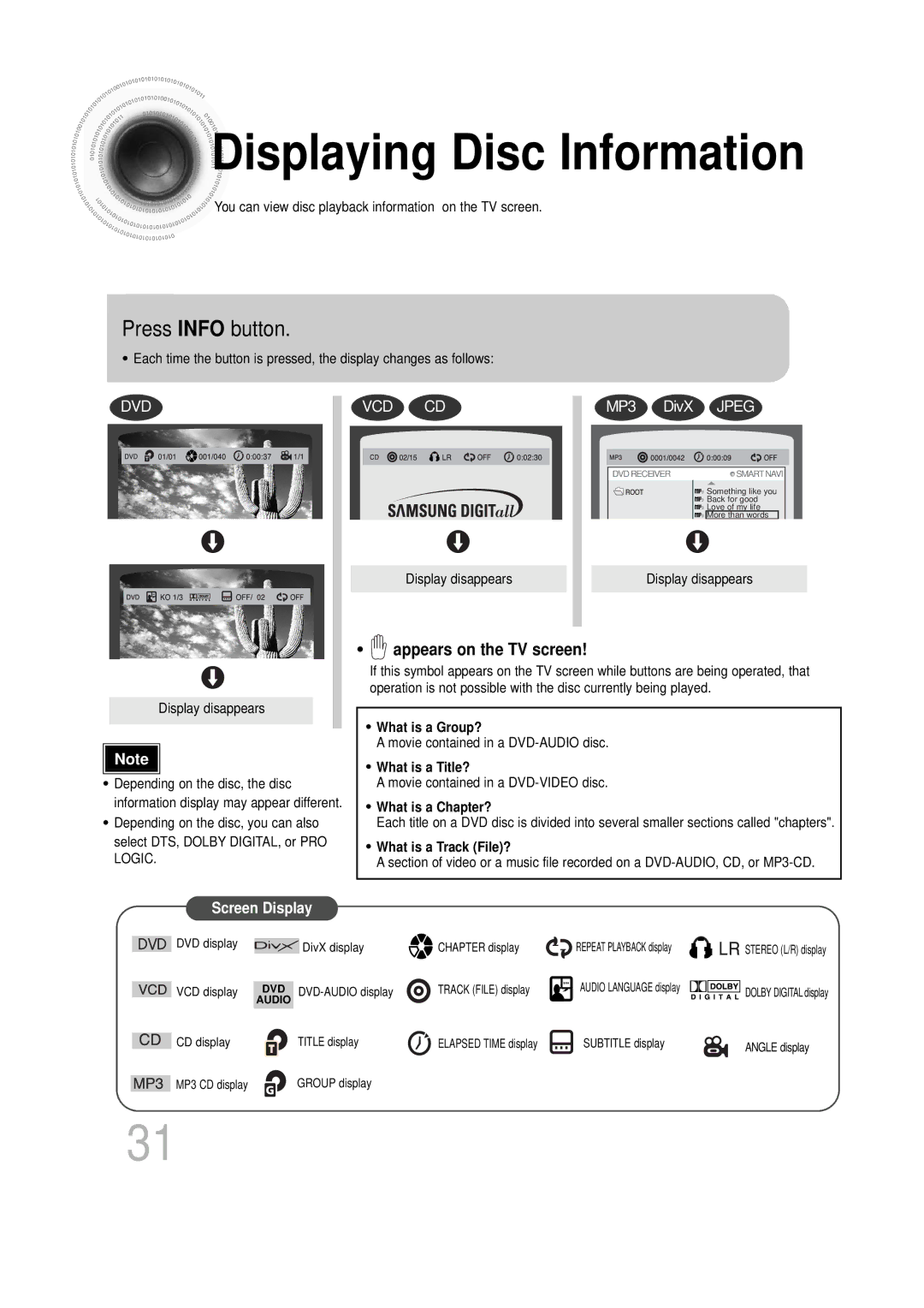 Samsung HTDS100B/EDC, HT-DS100N/EDC, HTDS1000TH/XAA, HT-DS1100R/EDC manual Displaying Disc Information, Press Info button 