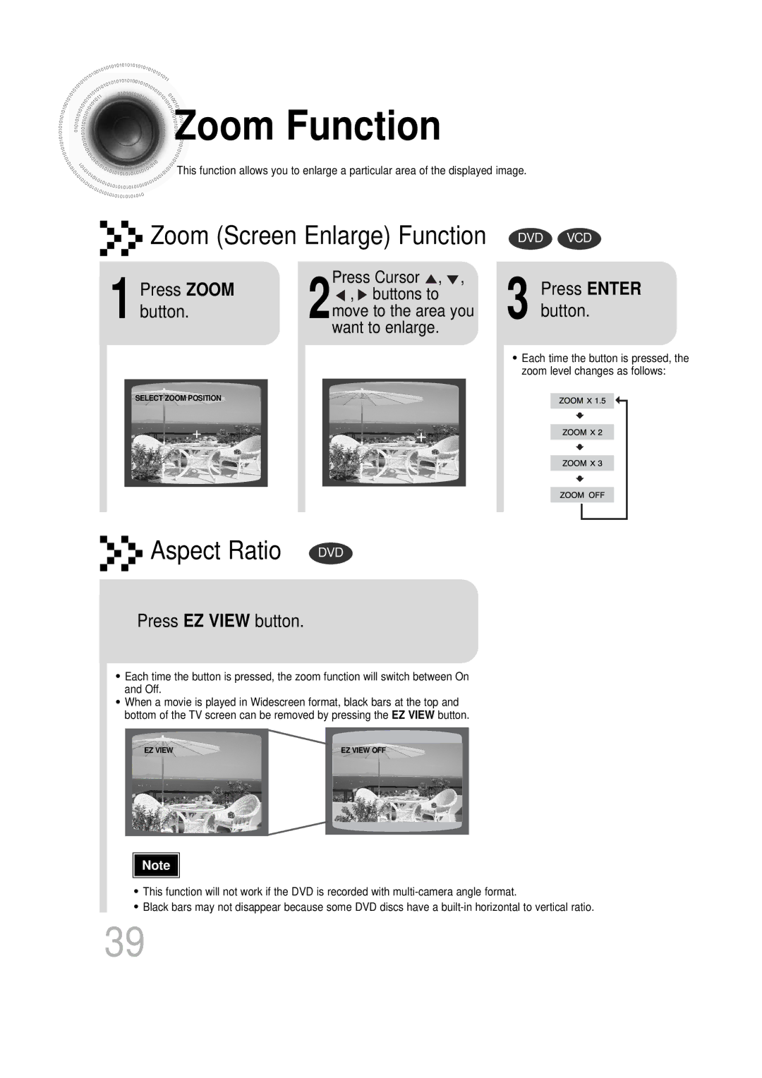 Samsung HTDS100RH/XFO, HT-DS100N/EDC, HTDS1000TH/XAA, HT-DS1100R/EDC manual Zoom Function, Press Zoom, Press EZ View button 